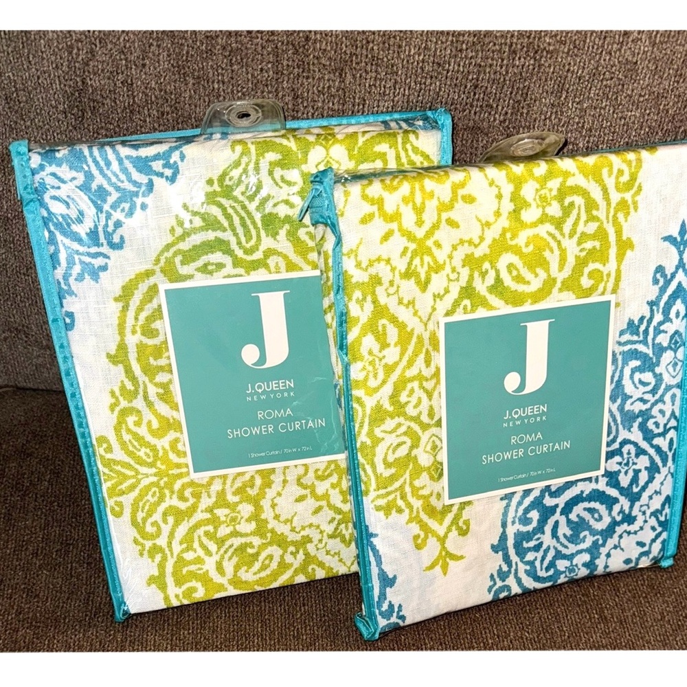 Two Count J Queen New York Green Blue Damask Medallion Fabric Shower Curtains